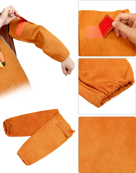 Close-up of Welding Apron And Sleeves Set With Front Pockets, highlighting flame-resistant leather and adjustable sleeve fastenings.