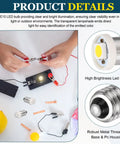 Hella Solid E10 Screw Base LED Bulbs, 5 Pack Mini White Glow Indicators For Flashlights And Car Dashboards, DC 8 To 9 Volt Power, Totally Knockout Small Size with hands testing connections.