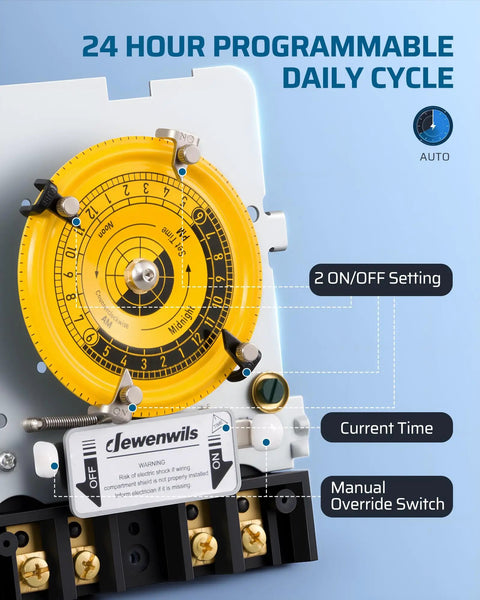 Bulldozer Tough Heavy Duty Mechanical Timer Switch with yellow dial for 24 hour daily cycle, manual override, 2 on/off settings.