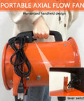 Person holding 8 Inch Portable Axial Exhaust Fan With 900 CFM High Velocity Airflow, showing lever switch detail