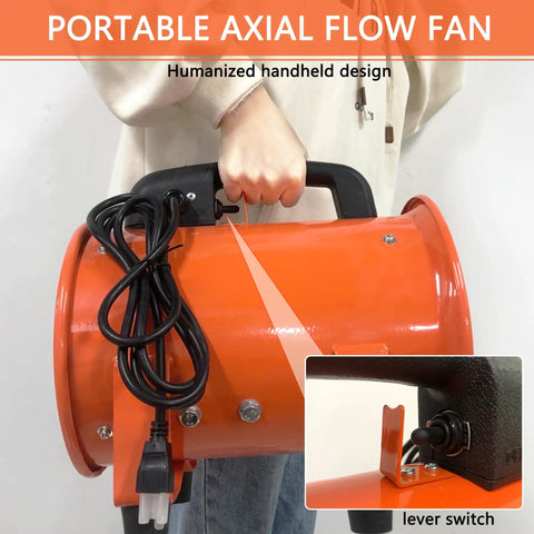 Person holding 8 Inch Portable Axial Exhaust Fan With 900 CFM High Velocity Airflow, showing lever switch detail