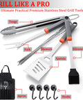 All In One Grill Tools Set With 4 In 1 Spatula, Tongs, Fork, Silicone Brush, Six Reusable Skewers, Hooks And Apron Storage Bag