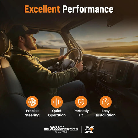 Driver inside vehicle demonstrating precise steering and quiet operation features of hydraulic power steering rack, sunset background