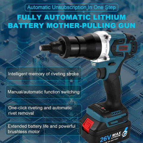Bad Boy Portable Cordless Rivet Nut Gun With Beast Mode 5.2Ah Battery for effortless metal fastening, featuring quick rivet removal and automatic functions.
