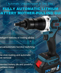 Cordless Electric Rivet Nut Gun Built Like A Boss With Seamless Brushless Motor And Rechargeable Battery For Effortless Blind Riveting Aluminum Steel Fasteners Absolute Game Changer Kit side view showing battery and nozzle.