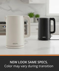 White and black 1.5L Cordless Electric Kettle With Cool Touch Exterior And Stainless Steel Interior Boils One Cup In 80 Seconds