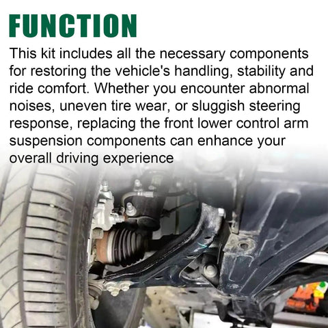 Beefy Front Lower Control Arms With Ball Joints For Nissan Rogue 2014 To 2020, showing suspension kit components and tire.