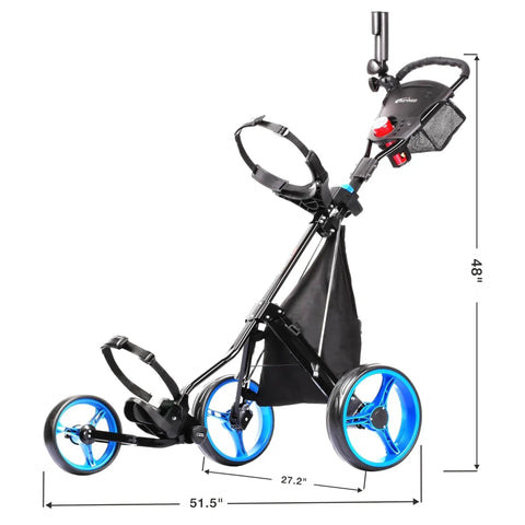 Three Wheel Golf Push Cart With Rock Solid Stability On Any Terrain Heavy Duty Stabilizer Rods Smooth Push And One Touch Braking For Effortless Control On Hills And Rough Fairways Black And Blue, side view, 48-inch tall
