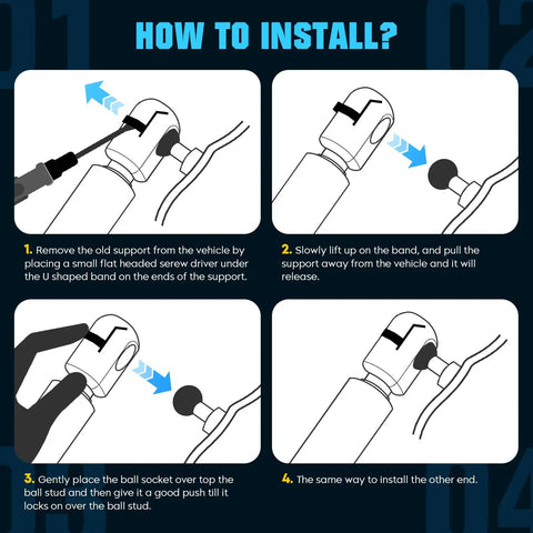 How to install Heavy Gauge Rear Hatch Liftgate Gas Struts for Jeep Cherokee and Wagoneer 1984 to 1994, instructional image.