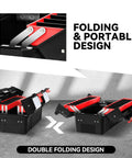 Big Boy Foldable Two-Layer Tool Box Workhorse with Non-Slip Handle and Removable Tray Storage Red Heavy-Duty Sturdy Construction for Workshop and Garage Equipment Organization 20-Inch Portable Design showing dual folding mechanism.