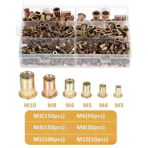 Heavy Duty Rivet Nuts Kit Bulk Pack 500 Pcs Threaded Inserts M3 M4 M5 M6 M8 M10 Galvanized Steel Box with assortment display