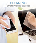 Frienda microfiber cleaning cloths, 12 x 12 inches; white and gray, two cloths shown cleaning phone and laptop screens.