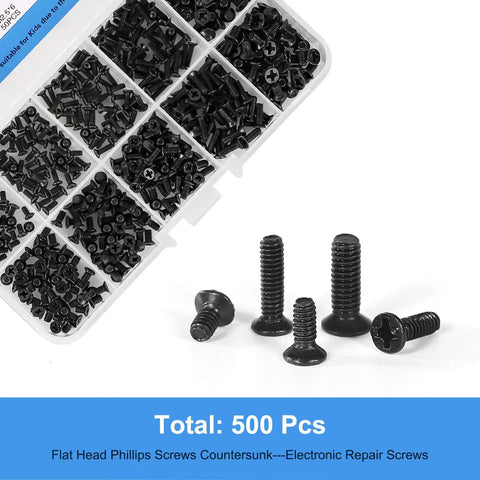 Heavy Duty M2 And M3 Laptop Screws Kit With 500 Piece Assortment For Notebook Pc Ssd Upgrade Featuring Top Tier Flat Head Phillips Countersunk Fasteners, showing assorted screws.