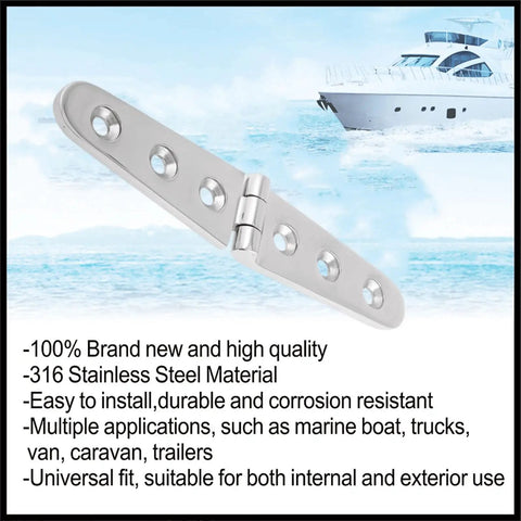 Industrial Strength 316 Marine Grade Stainless Steel Cast Hinge, 6x1 inch, corrosion resistant for boat, RV, and cabinet use.