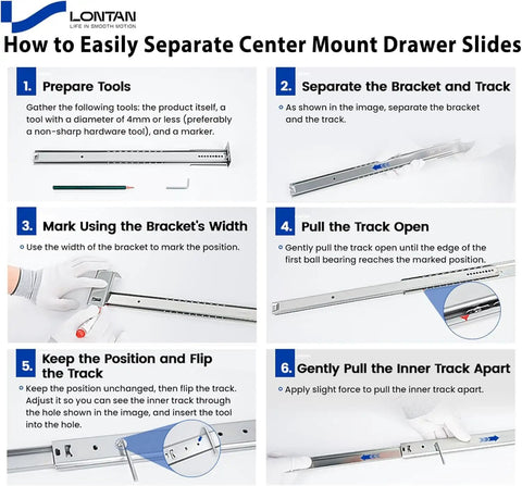 How to easily separate center mount drawer slides, showing steps to install Five Piece Heavy Duty Center Mount Drawer Slides 20 Inch.