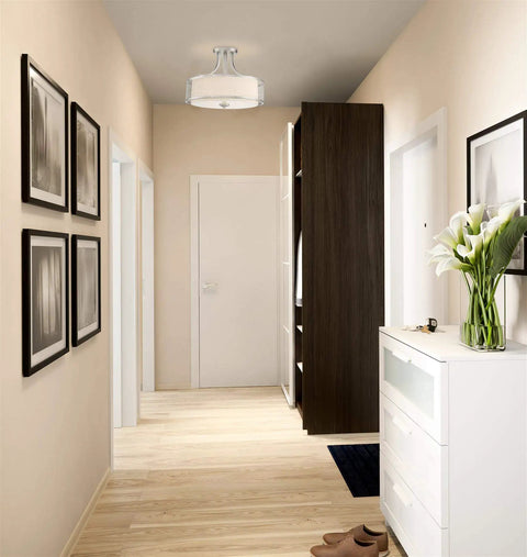 Linx 16 Inch 3 Light Semi Flush Mount Ceiling Light Fixture With Outer Mesh Shade And White Fabric Inner Shade in hallway