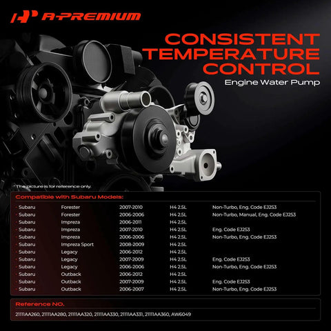 Heavy Duty Engine Water Pump For Subaru Forester Impreza Legacy Outback 2006 Through 2012 showing aluminum housing and design.