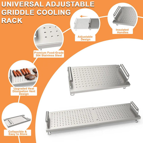 Adjustable Griddle Warming And Cooling Rack for 17 22 28 36 Inch Griddles Universal Stainless Steel with handles and vents