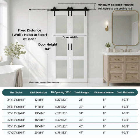 Upgrade Your Living Space With These Kickback Style Bifold Barn Doors Featuring Smooth Gliding Frosted Glass Panels 28X84 Inches size and fit details.