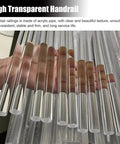 Straight Up Heavy Duty Clear Acrylic Stair Handrail With Solid Gold Wall Mount Brackets Non Slip Interior Banister For Dead Solid Safety On Every Step And Smooth Custom Fits, showing high transparency and clarity.