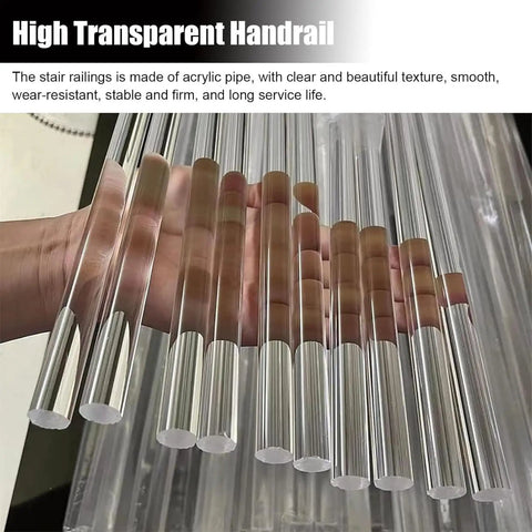 Straight Up Heavy Duty Clear Acrylic Stair Handrail With Solid Gold Wall Mount Brackets Non Slip Interior Banister For Dead Solid Safety On Every Step And Smooth Custom Fits, showing high transparency and clarity.