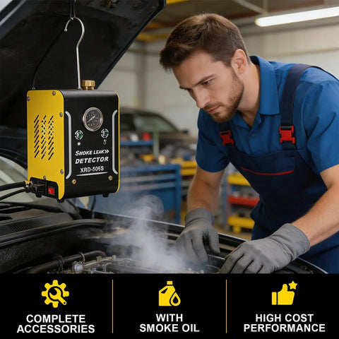 Bad Boy Car AC Leak Detector Smoke Machine With Built In Air Pump And Sharp Pressure Gauge being used by a mechanic inspecting a vehicle.