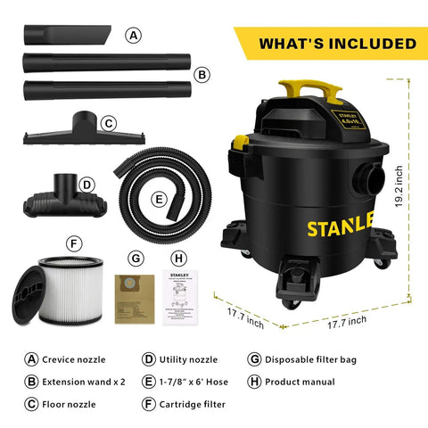 Wet Dry Vacuum With 10 Gallon Tank, 4 HP Motor, 16 Ft Cleaning Reach, Workhorse Shop Vacuum parts and attachments displayed