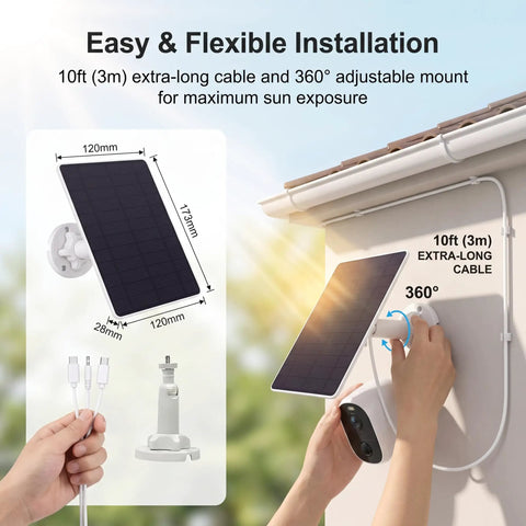 Hella Reliable 3W Solar Panel With 4000mAh Battery, 5V Solar Charger For Security Cameras mounted with 10ft cable and adjustable mount.