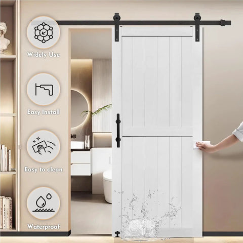 46X84 INCH HEAVY DUTY MDF SLIDING BARN DOOR WITH FULL 8FT HARDWARE KIT, WATERPROOF PVC CLADDING shown in modern bathroom setting.