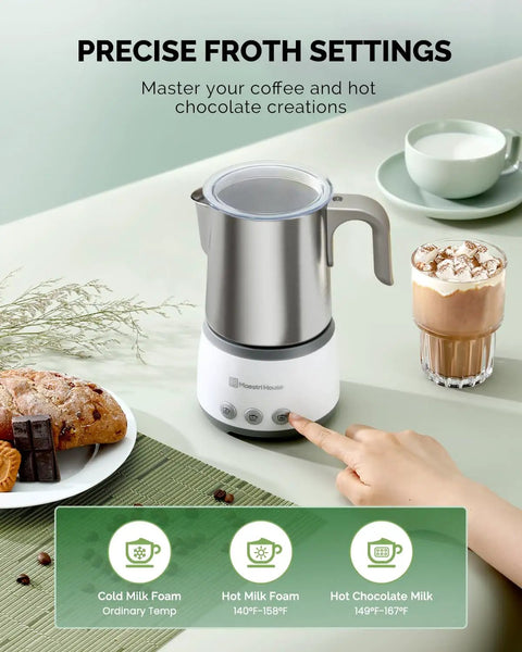 4 In 1 Barista Quality Electric Milk Frother And Steamer With 16.9 Ounce Capacity 600W Power Smart Touch Control visible on kitchen counter.