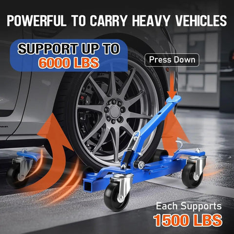 Heavy Duty Car Wheel Dollies With Ratcheting Foot Pedal, 1500 Lb Load Rating, easy rolling under a vehicle tire with a blue dolly.