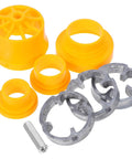 Toddmomy Electric Pipe Threader Kit Compat With Manual Power Drill Plastic PVC threading tool parts including yellow fittings and gray clamping rings.