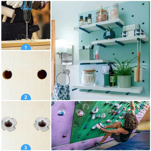 Two zinc-plated steel 3/8-16 T-nuts with 7/16 in barrel length for wood projects such as cabinetry and climbing holds.