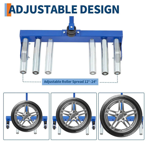 Heavy Duty Adjustable Tire Dolly Cart With 500 Lb Capacity Hella Tough Steel Frame Fits 12 To 24 Inch Wheels showing adjustable rollers for tire fit.