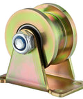 Set Of Four 2 Inch H Type Galvanized Steel Rollers With Iron Brackets For Three Quarter Square Tube Track Heavy Duty Badass Carriers For Sliding Gates And Utility Carts Rated 375 Lbs - close-up view of a metal roller with bracket.