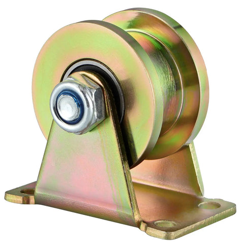 Set Of Four 2 Inch H Type Galvanized Steel Rollers With Iron Brackets For Three Quarter Square Tube Track Heavy Duty Badass Carriers For Sliding Gates And Utility Carts Rated 375 Lbs - close-up view of a metal roller with bracket.
