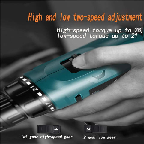 Total Ripper Cordless Drill 168 Volt Rechargeable Power Tool With Slick Ergonomic Grip For Tight Spots And Overhead Jobs No Stress Handling Sweet For Daily Repair Work On Any Weekend Project showing high and low two-speed adjustment.