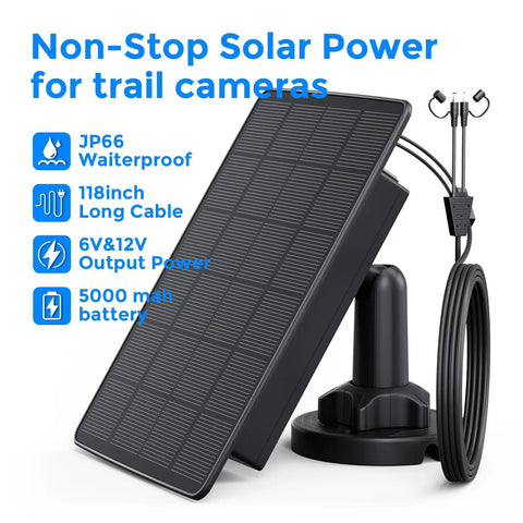 Top Shelf Solar Panel For Trail Cameras With 5000Mah Built In Battery And Dual Power Outputs, waterproof with long cable.