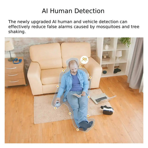 Smart 5Mp E27 Screw In Surveillance Camera with AI Motion Tracking shows human detection feature in living room setting.
