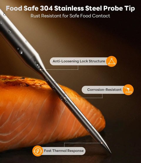 Instant Read Meat Thermometer With Temp Lock And Auto Resume 0.5 Second Digital Probe IP67 Waterproof on salmon.
