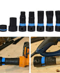 Seven Piece Vacuum Hose Expansion Adapter Kit With Quick Connectors For Home Workshop Tool Sander Dust Collection System Fits Most Vacuums shown with varying sizes and connections.