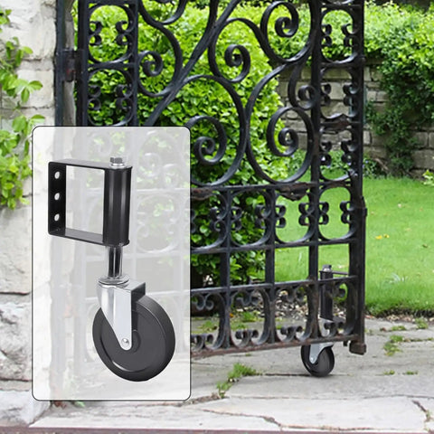 Spring Loaded Gate Rollers Heavy Duty Yard Fence Support Zero Drag Four Inch Black Driveway Casters Quick Install For Residential And Ranch Gates mounted on a decorative gate