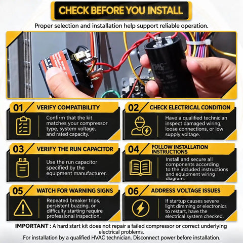 Heavy Duty Hard Start Capacitor Kit For HVAC AC Compressors 189 To 227 Mfd And 208 To 240 Volt installation guide and safety tips.