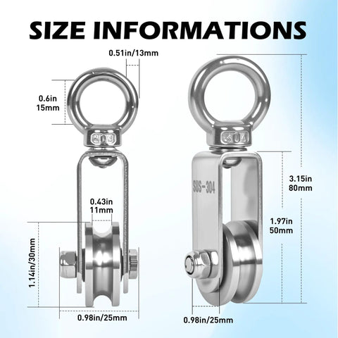 Size information diagram showcasing 2 Pack 30Mm U Groove Cable Pulley Wheel 304 Stainless Steel dimensions and features.
