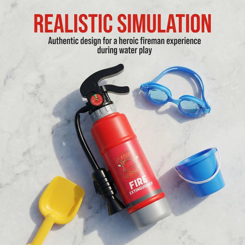 Realistic Water Squirt Fire Extinguisher Toy For Kids Pretend Play Durable Plastic on surface with goggles, bucket, and shovel.