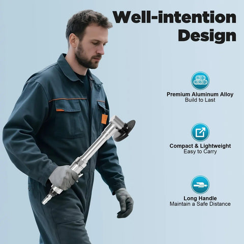 Heavy Hitter 3 Inch Pneumatic Angle Grinder With Super Long Handle air tool held by a worker, showcasing its compact design and aluminum alloy.