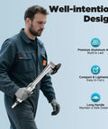 Tough As Nails Pneumatic Cut Off Tool And 3 Inch Air Powered Angle Grinder with aluminum alloy, held by a worker in a blue jumpsuit.