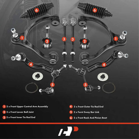 Rock Solid Twelve Piece Front Suspension Kit With Heavy Duty Upper Control Arms And Sway Bar Links For Ford Crown Victoria Lincoln Town Car Mercury Grand Marquis Left And Right, components layout.
