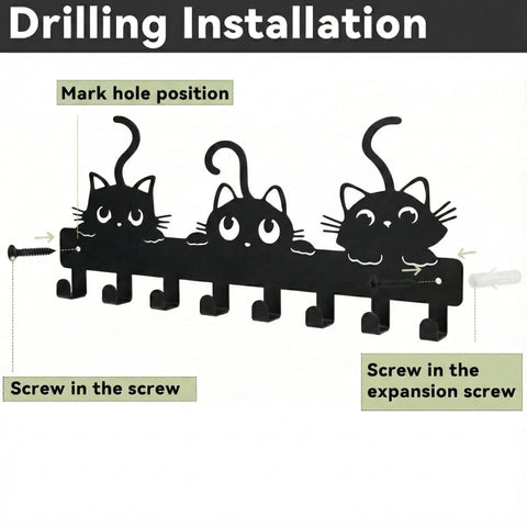 Installation guide for Wall Mounted Key Hooks With Eight Hooks Black Cat Themed Key Holder Rack showing screw placement.