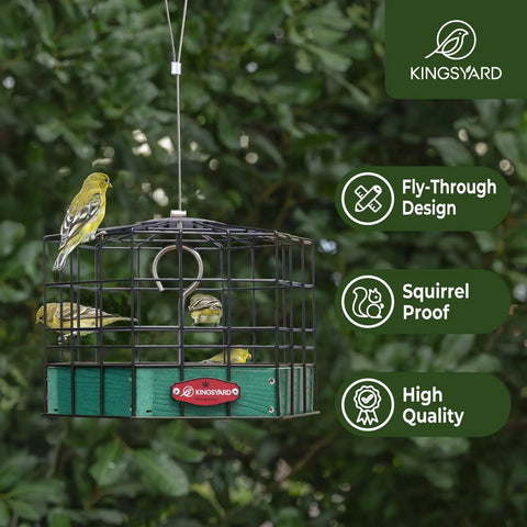 Ultra Sturdy Squirrel Proof Platform Bird Feeder for Outdoor Hanging 10 Inch Wide Metal Cage With Seed Tray Green Recycled Plastic Feeding Platform Attracts Finches And Small Wild Birds While Blocking Squirrels hanging with green background.